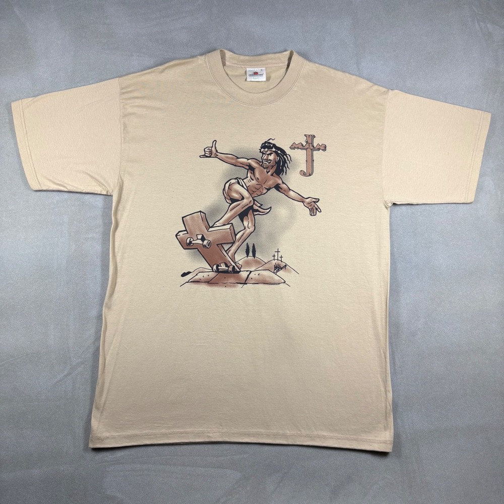 Vintage Promodoro Jesus Skateboard Cross T-Shirt Tan XL Y2K Skate Tee